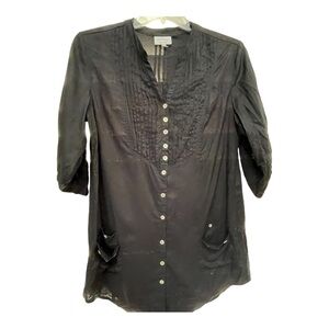 Black 3/4 Sleeve Buttoned Blouse with Mandarin Collar